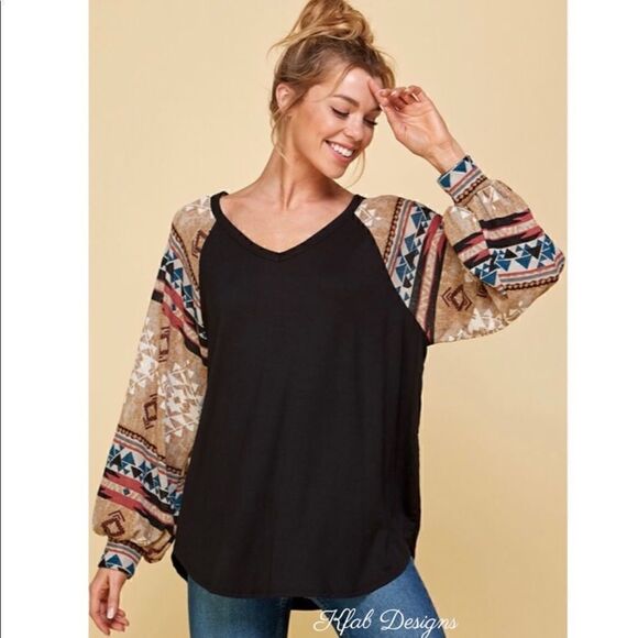 a.gain New! Tribal Aztec Top V Neck Puff Long Sleeve Super Soft Pullover Blouse - Picture 5 of 15
